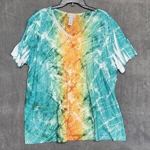 Catherines Tye Dye Shirt Short Sleeves Studded Detail V Neck Size 1X Blue Orange